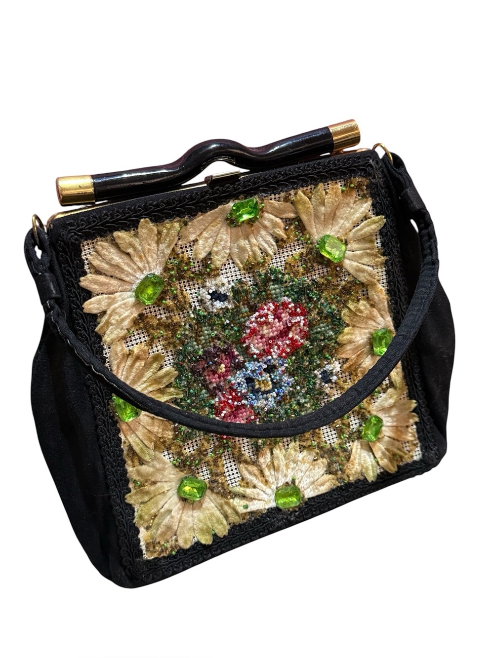 Vintage Embellished Black Floral Beaded Top-Handle Bag|Green big Rhinestones
